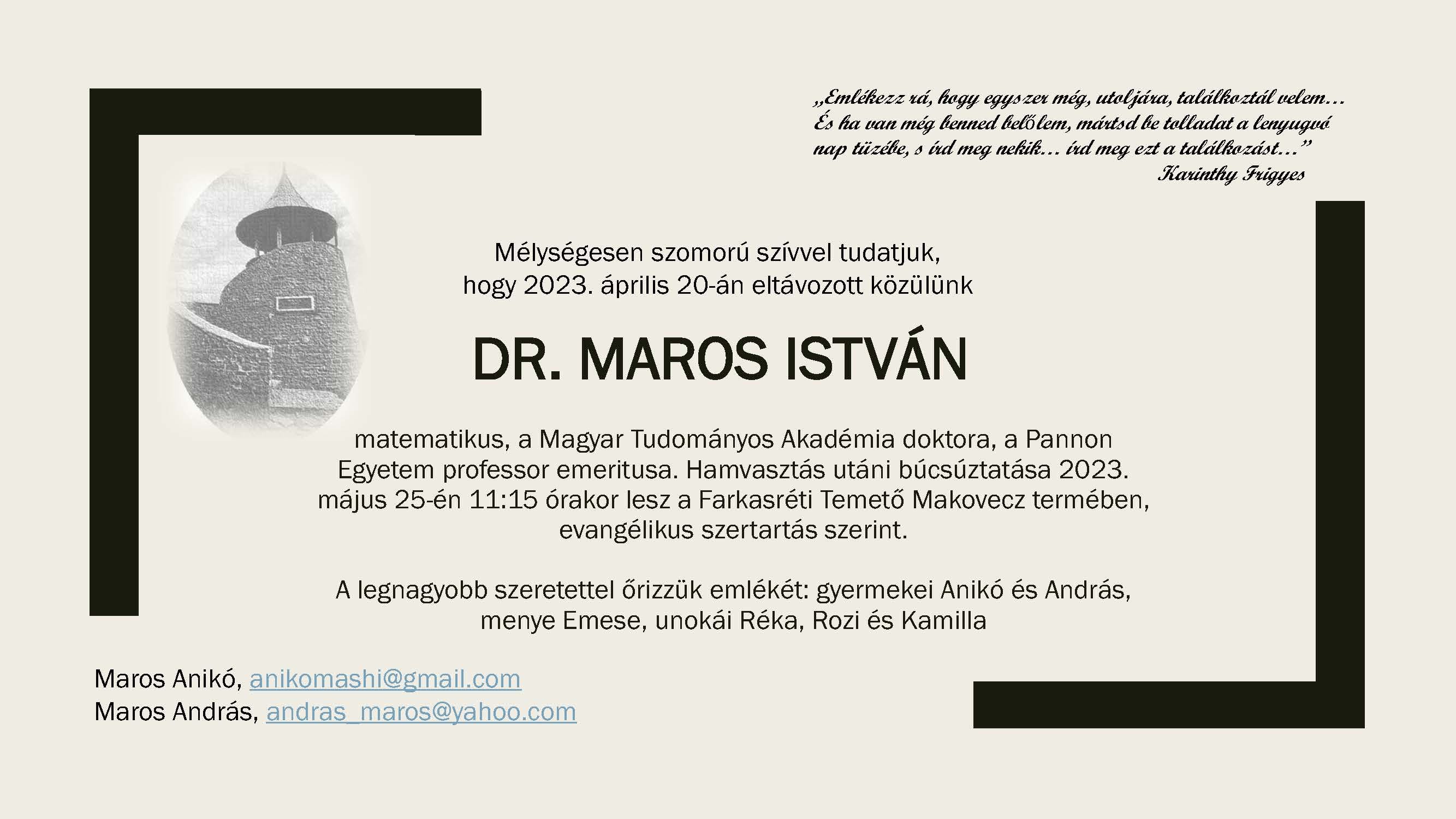 Dr Maros István gyászjelentés